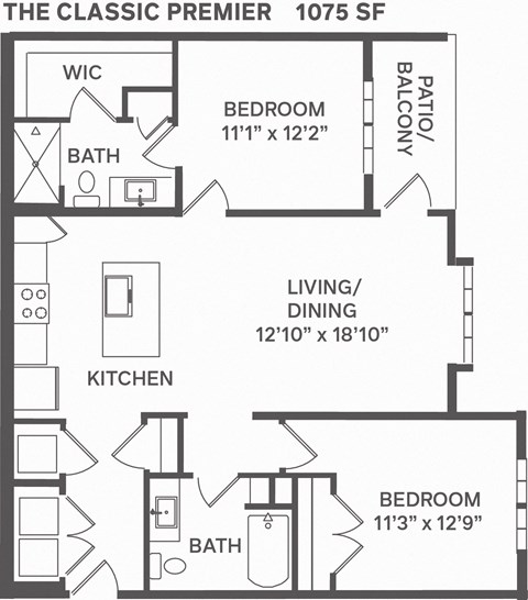 Floor plan for 2 beds, 2 baths, 1075 sqft